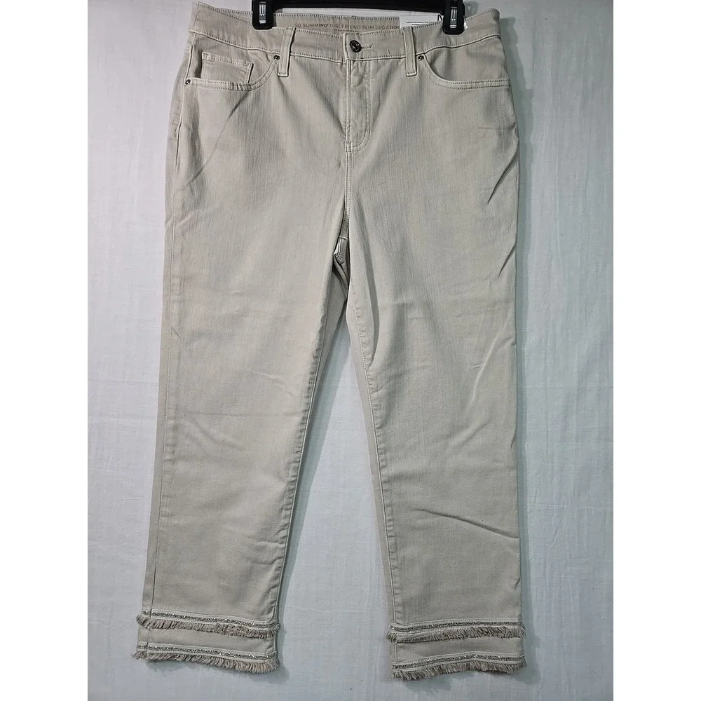 NWT Chicos So Slimming Girlfriend Slim Leg Crop Taupe Women's 2 (12) Fringe Trim